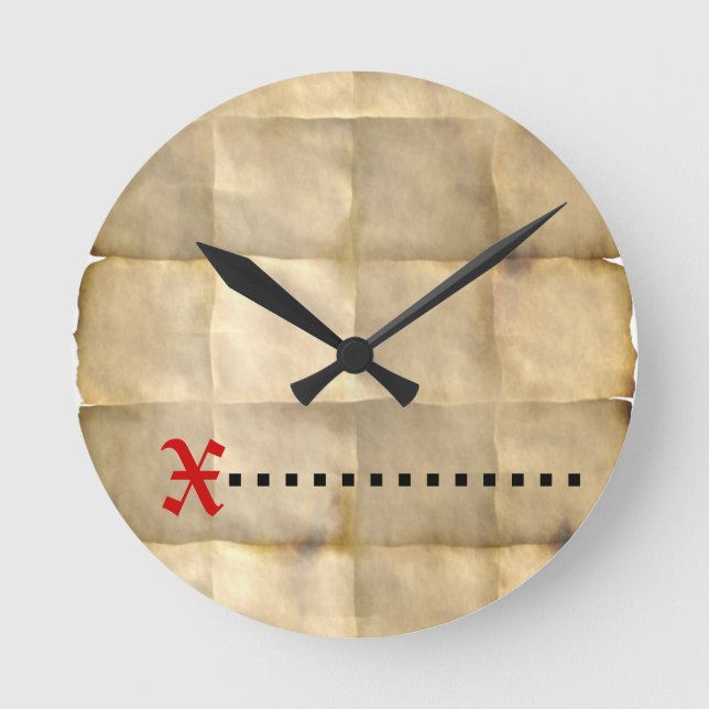 Old Parchment, Treasure Map Paper Round Clock (Front)
