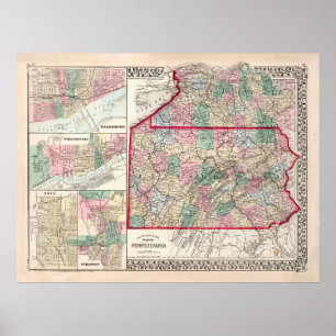 Old Pennsylvania & Various Cities Map (1874) Poster
