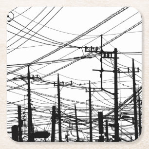 Old Phone and Power Lines Square Paper Coaster