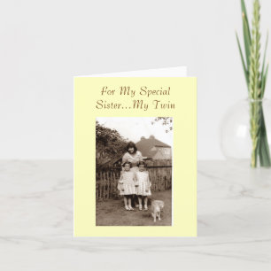 Old photo cute identical twin girl sister versed card