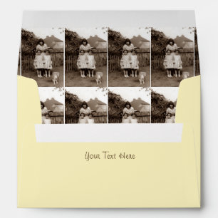 Old photo cute identical twin sisters and cat envelope