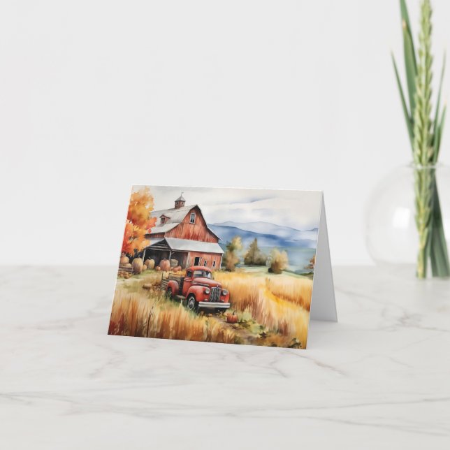 Old Pickup Truck and Red Barn in Autumn Blank Note Card (Front)