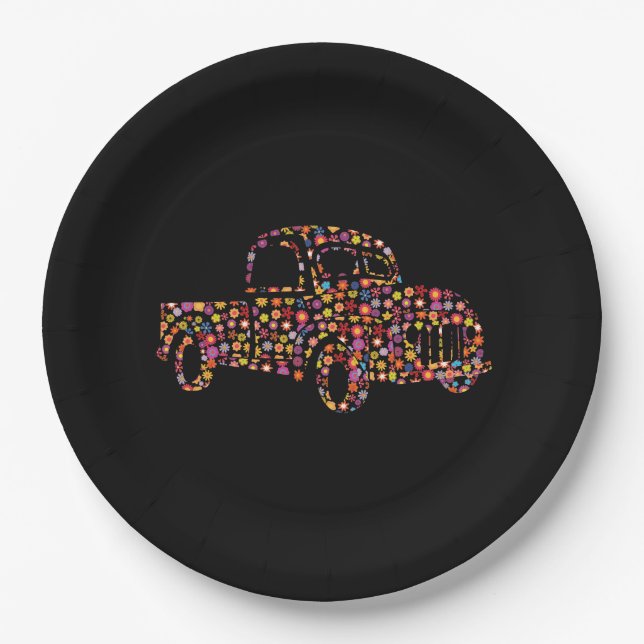 Old Pickup Truck Flower Pattern Paper Plate (Front)