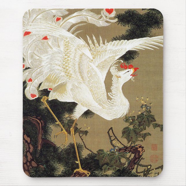Old Pine Tree and White Phoenix by Ito Jakuchu Mouse Pad (Front)