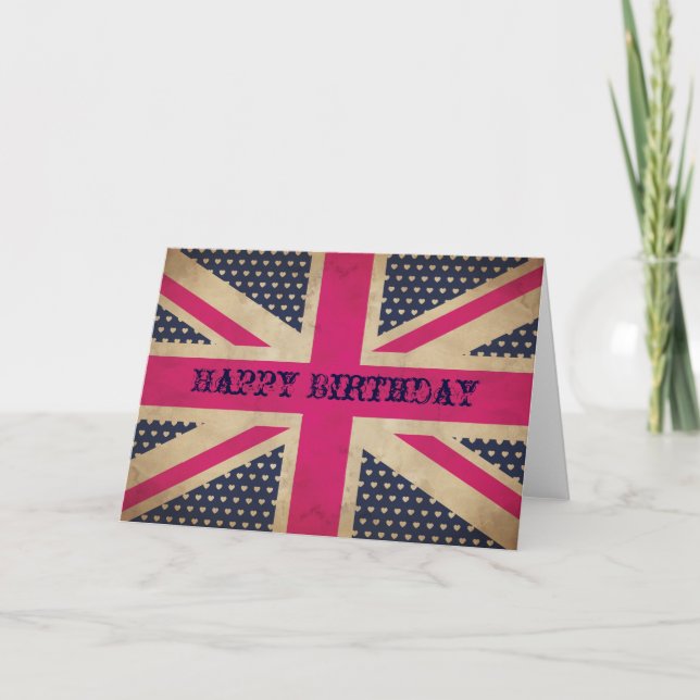 Old Pink Union Jack Flag Happy Birthday Card (Front)