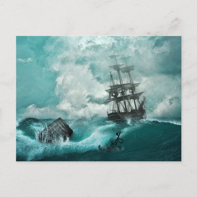 Old Pirate Ship Anchor Vibrant Blue Stormy Sea Postcard (Front)
