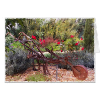 Old plow in Portuguese garden blank card