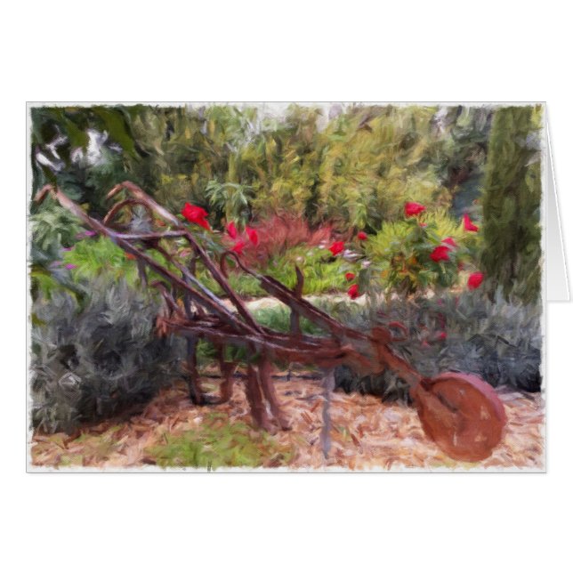 Old plow in Portuguese garden blank card (Front Horizontal)