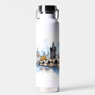 Old Prague, Charles bridge watercolor Water Bottle