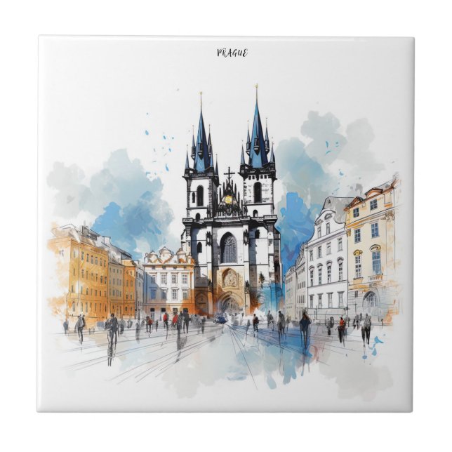 Old Prague watercolor Ceramic Tile (Front)
