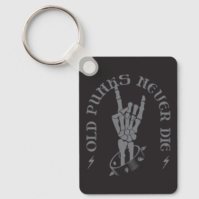 OLD PUNKS NEVER DIE - Retro Skeleton Rock On Hand  Key Ring (Front)