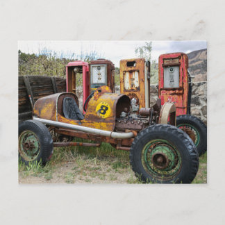 Old Race Car and Gas Pumps Postcard