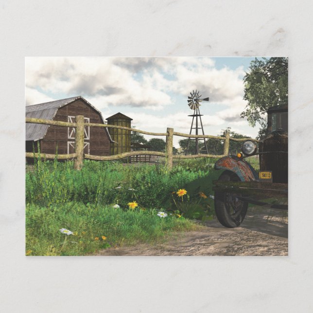 Old Red Barn and Rusty Truck Postcard (Front)