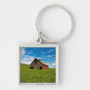 Old, red barn in field of chickpeas key ring