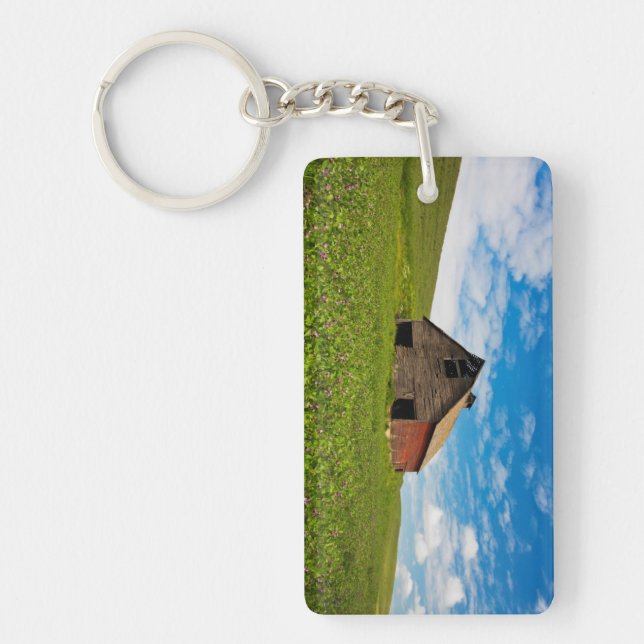 Old, red barn in field of chickpeas key ring (Front)