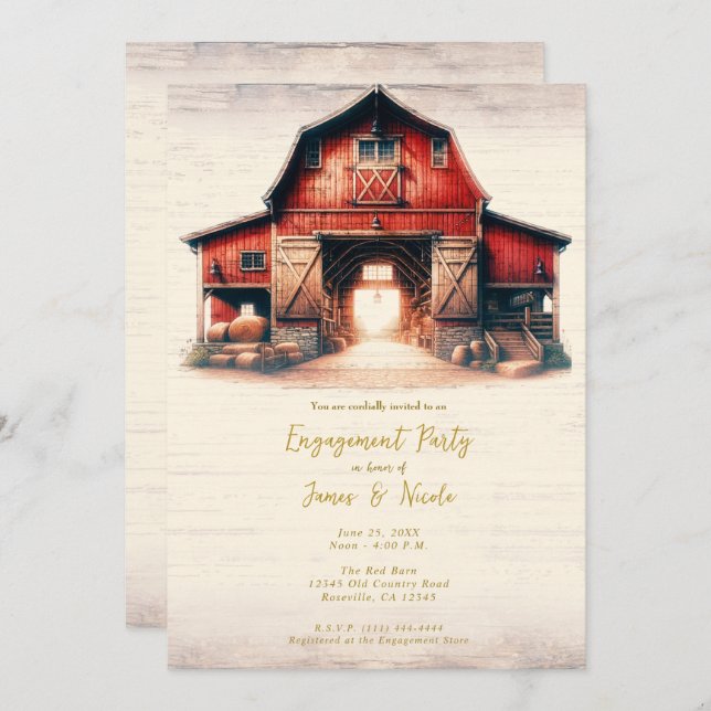 Old Red Barn Rustic Country Engagement Party Invitation (Front/Back)