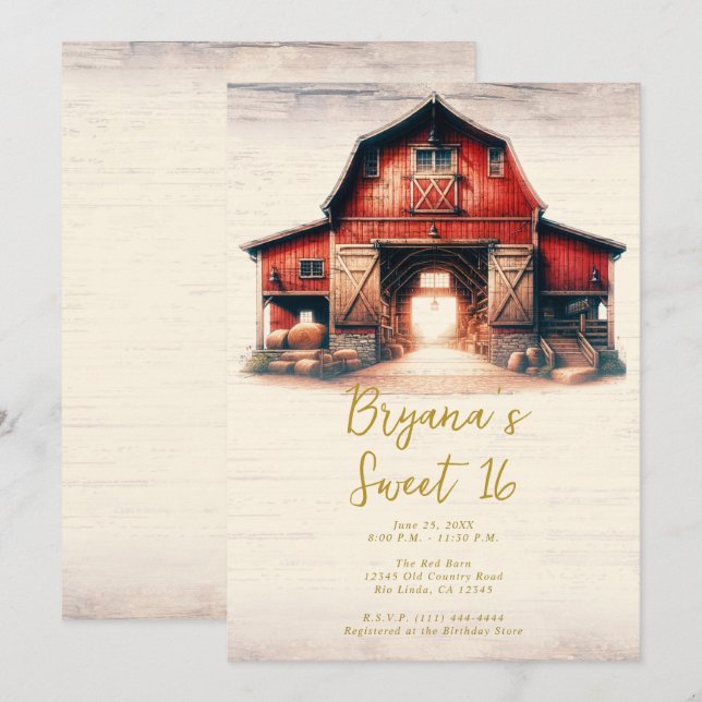 Old Red Barn Rustic Country Sweet 16 Party  Invitation (Front/Back)