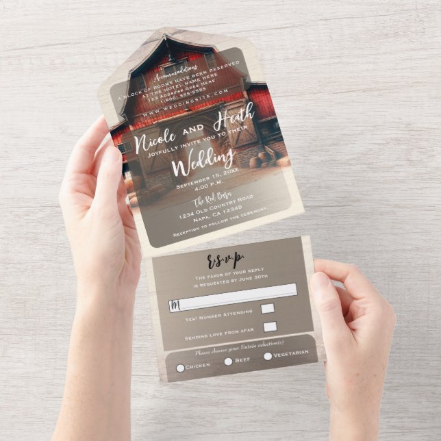 Old Red Barn Rustic Country Wedding All In One Invitation (Tearaway)