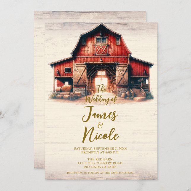 Old Red Barn Rustic Country Wedding Invitation (Front/Back)