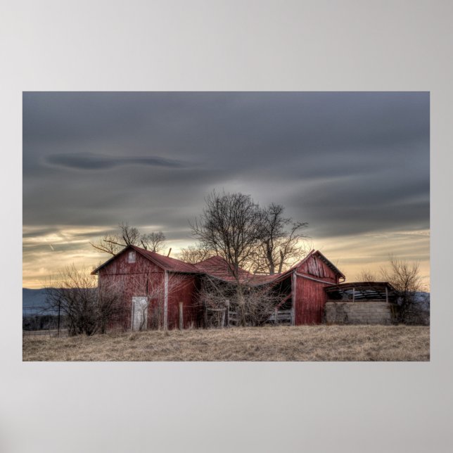 Old Red Barn Winter Trees HDR Photography Poster (Front)
