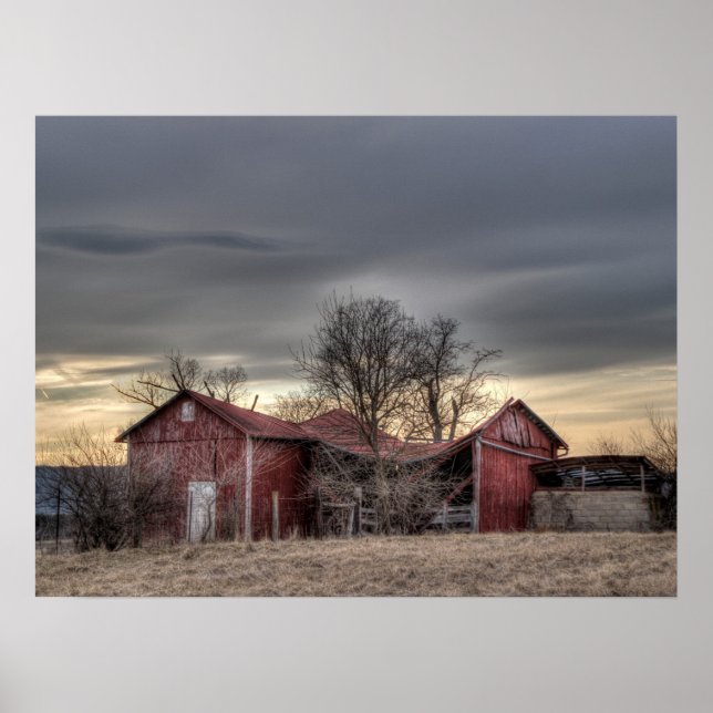 Old Red Barn Winter Trees HDR Photography Poster (Front)