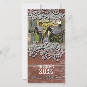 Old Red Barn Wood Silver Snow Photo Christmas Card