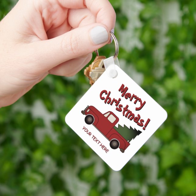 Old red chevy truck and Christmas tree custom Key Ring (Hand)