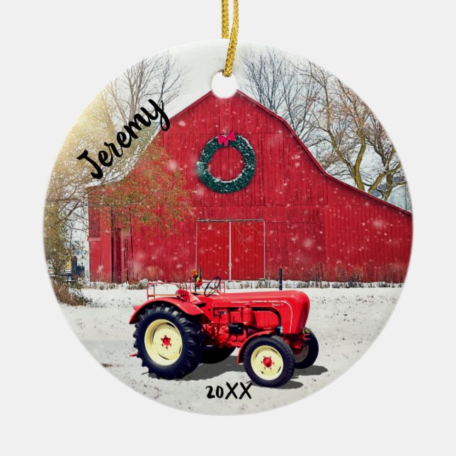 Old Red Tractor Christmas  Ceramic Ornament (Front)