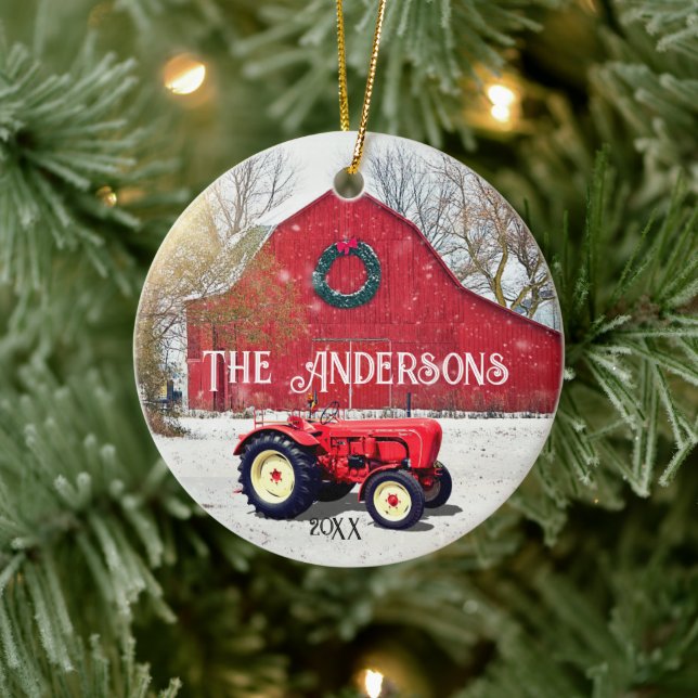 Old Red Tractor Christmas  Ceramic Ornament (Tree)