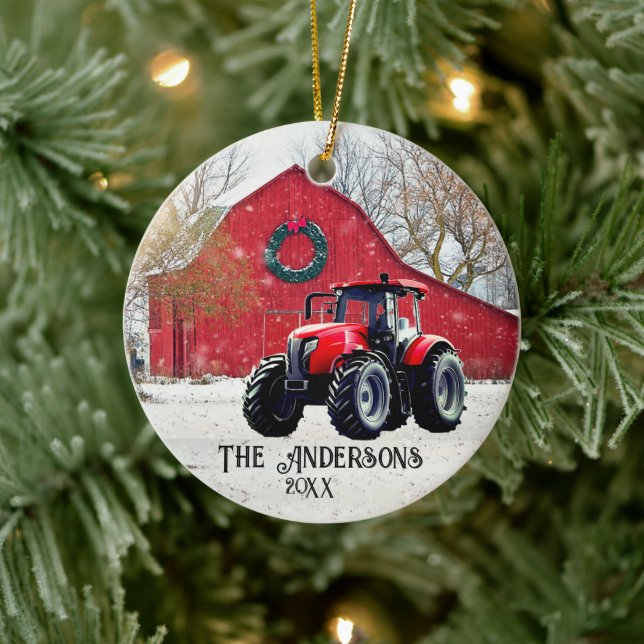 Old Red Tractor Christmas  Ceramic Ornament (Tree)