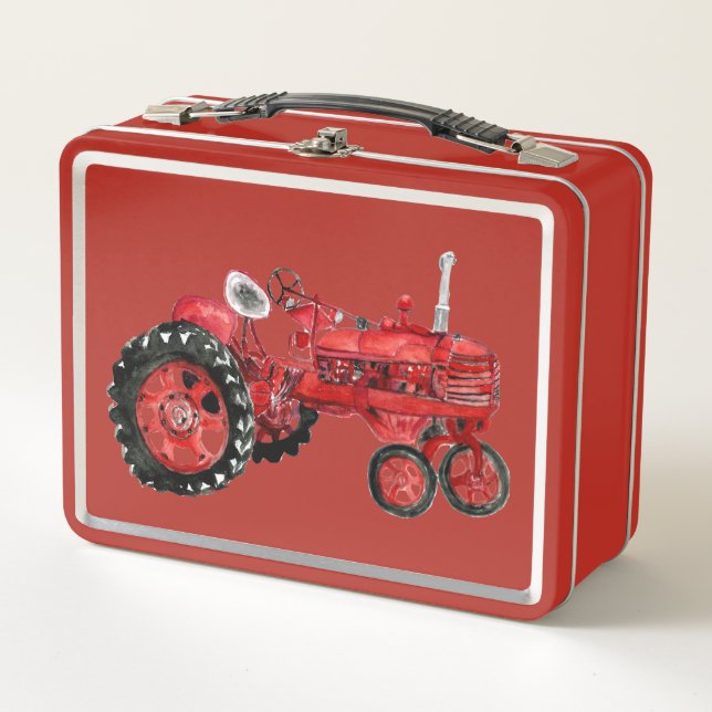 Old red tractor drawing card metal lunch box (Front)
