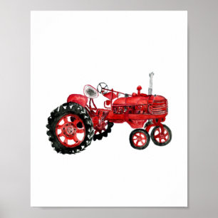 Old red tractor drawing poster