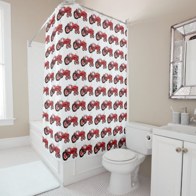 Old red tractor drawing shower curtain (In Situ)