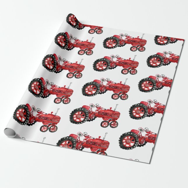 Old red tractor drawing wrapping paper (Unrolled)