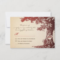 old red tree vintage wedding rsvp design