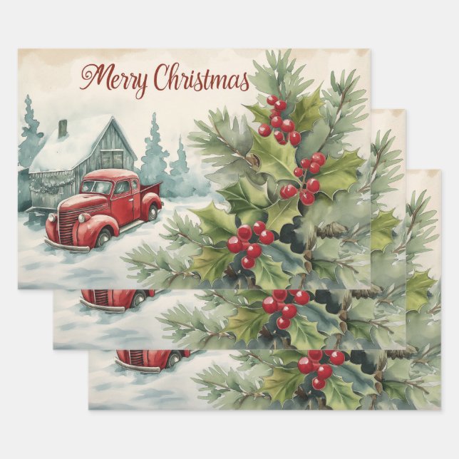 Old Red Truck Merry Christmas  Wrapping Paper Sheet (Set)