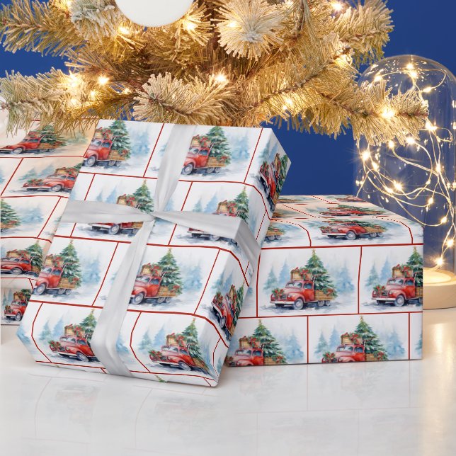 Old Red Truck With Christmas Pine Wrapping Paper (Holidays)