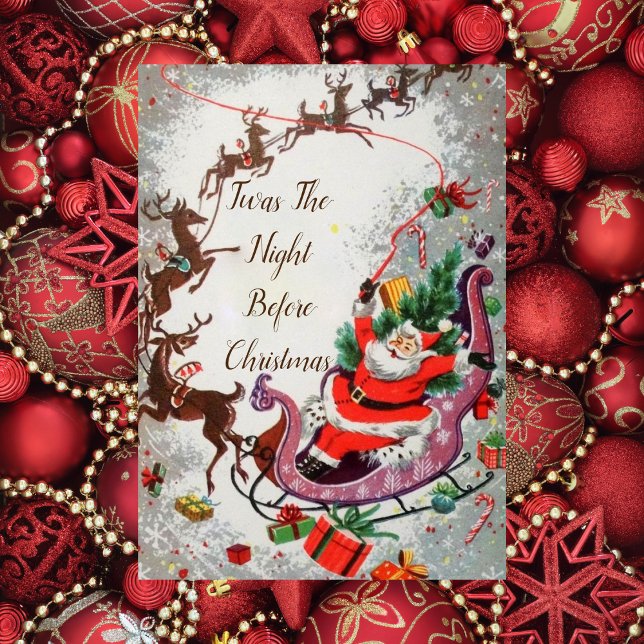 Old Red Vintage Santa Claus Flying Reindeer Sleigh Card (Creator Uploaded)