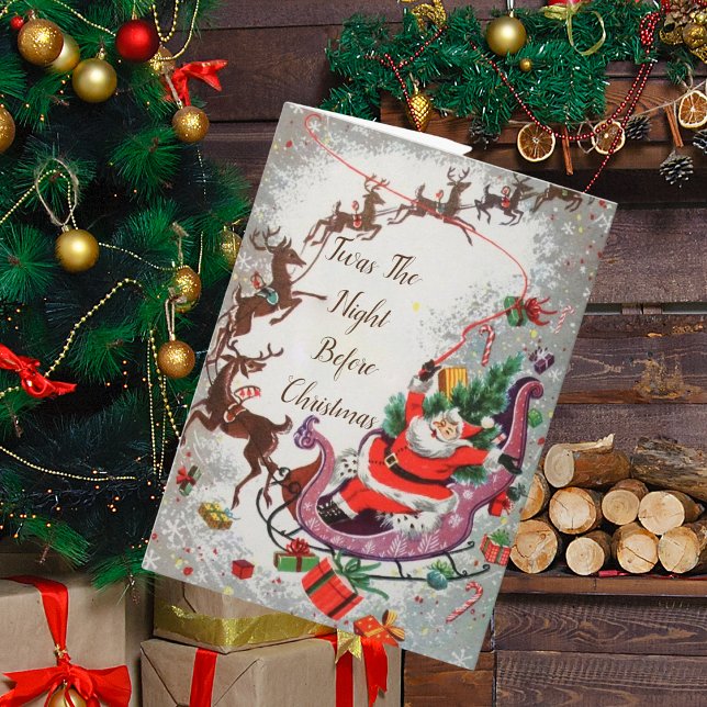 Old Red Vintage Santa Claus Flying Reindeer Sleigh Card (Creator Uploaded)