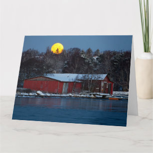 Old red wooden boathouse and moon greeting card