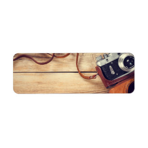 Old Retro Camera On Wooden Table Background Return Address Label