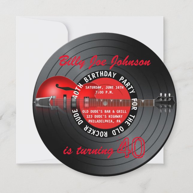 Old Rocker Dude Guitar Record 40th Birthday Party Invitation (Front)