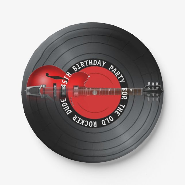 Old Rocker Dude Guitar Record 45th Birthday Party Paper Plate (Front)