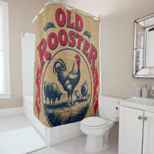 OLD ROOSTER BURLAP STYLE  SHOWER CURTAIN