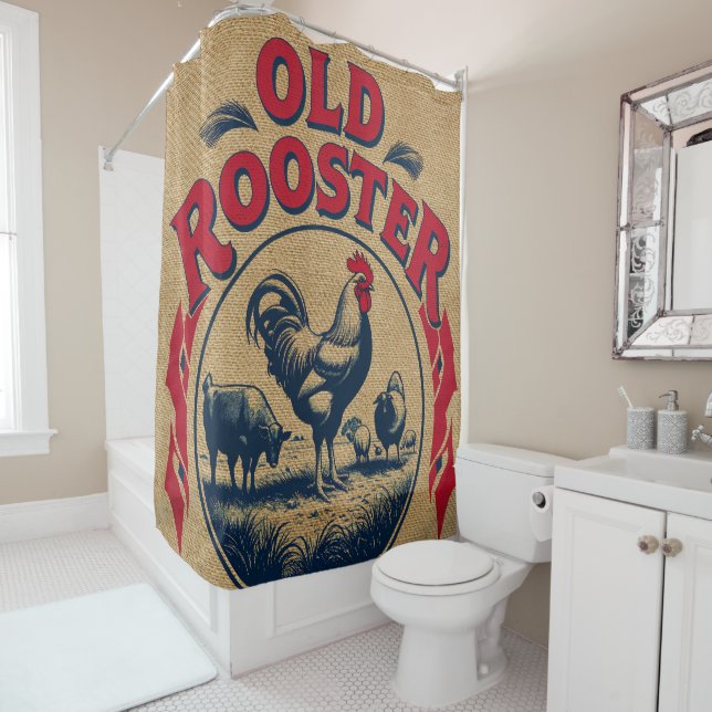OLD ROOSTER BURLAP STYLE  SHOWER CURTAIN (In Situ)