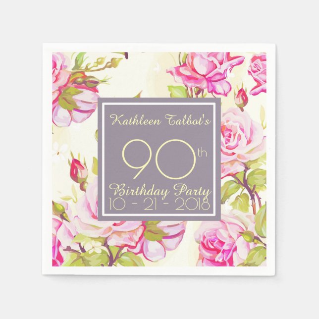 Old Roses 90th Birthday Party Paper Napkin (Front)