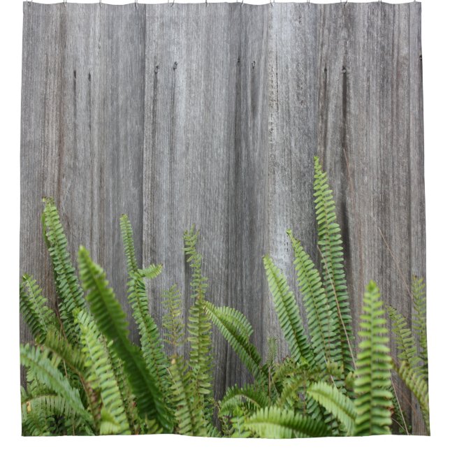 Old Rustic Cedar Fence with Green Ferns Shower Curtain (Front)