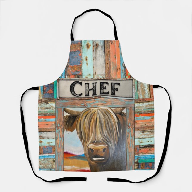 Old Rustic Chef Highland Cow Apron (Front)