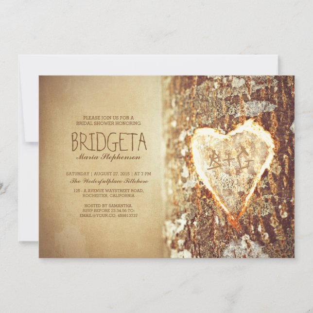old rustic tree heart bridal shower invitations (Front)