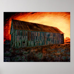 Old Rustic Vintage Orange Brown Barn Sunset Poster